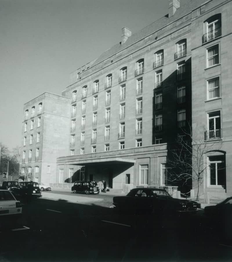 Vintage image of The Berkeley, showcasing its historic move and grand facade in classic monochrome style.