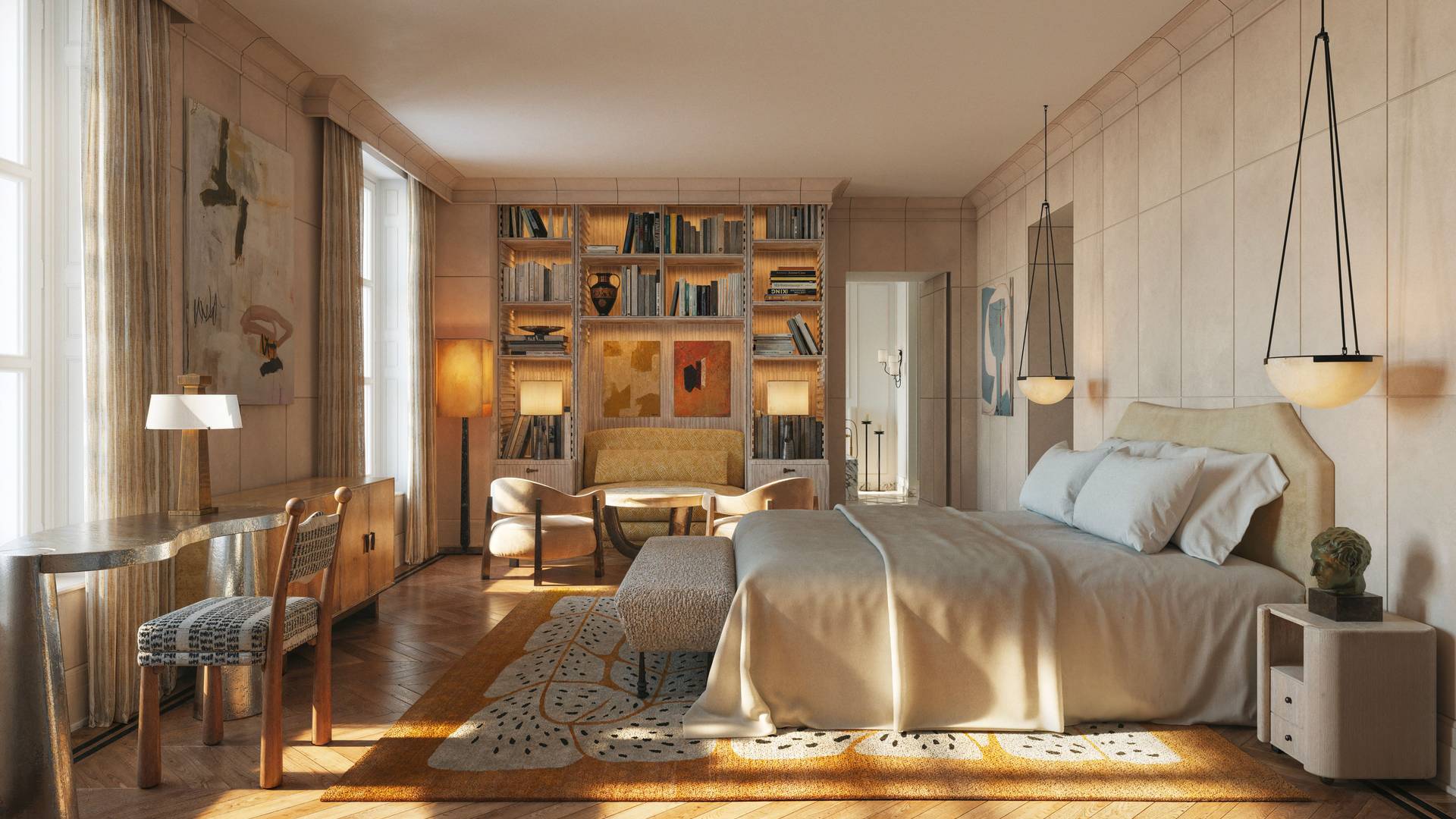 Warm, art-filled bedroom with natural light, modern furnishings, soft textures, and built-in bookshelves for a serene ambiance.
